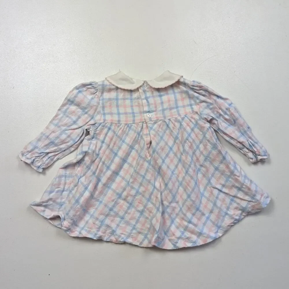 Vintage 90s Dress Baby Girls Size 6-9m Plaid Smocked Bear Bunny